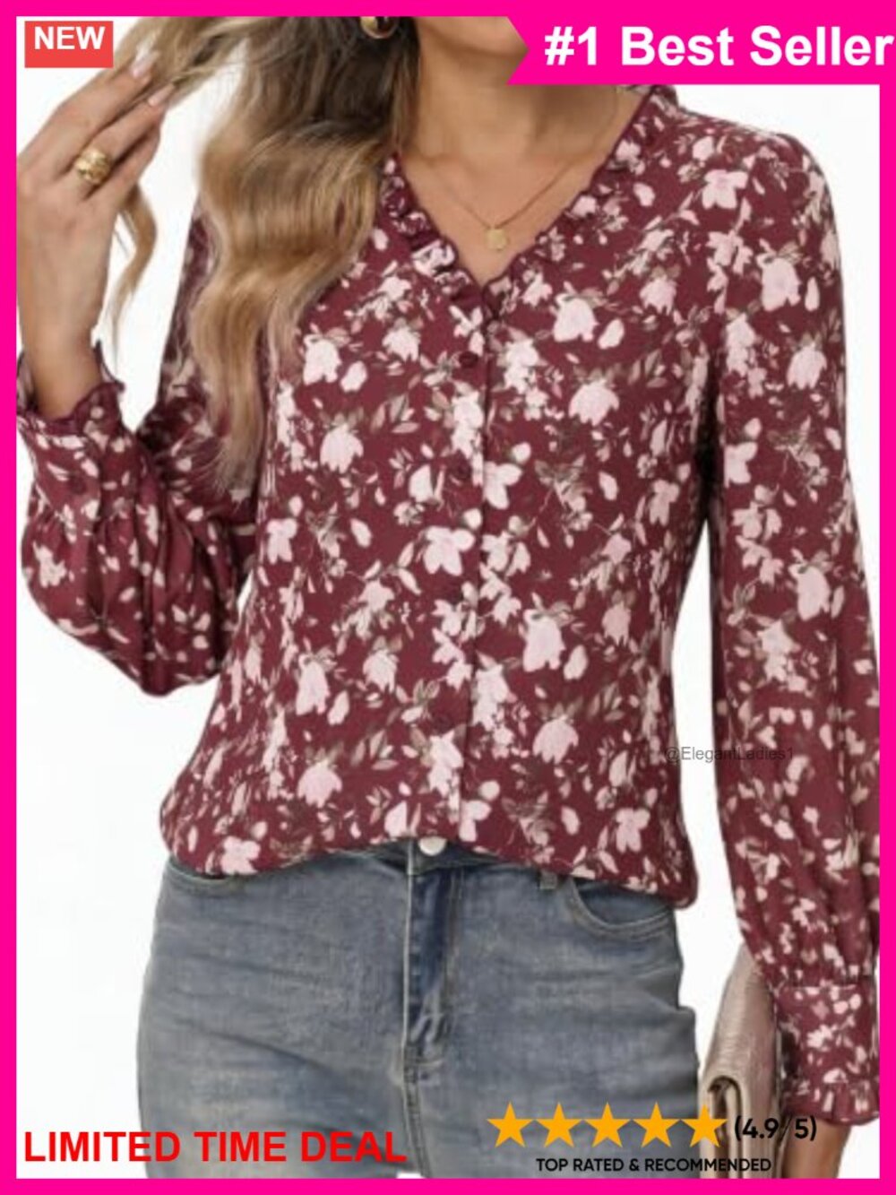 Boho Floral Button Down Blouse V-Neck Long Puff Sleeve Work Top